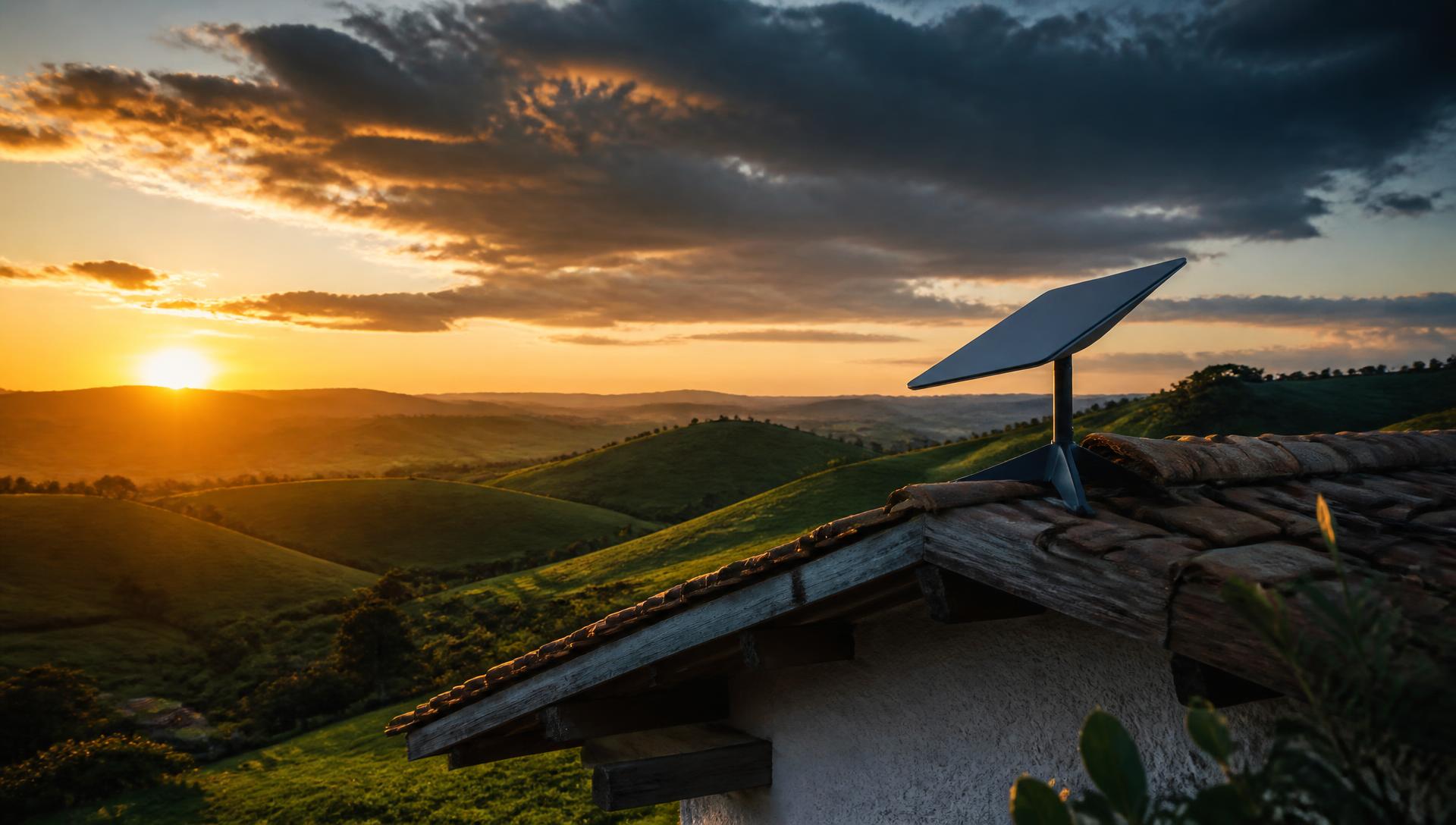 Antena de internet via satélite instalada no telhado de uma casa rural ao amanhecer